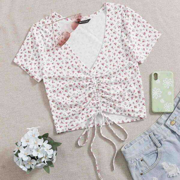 

Drawstring Front Ditsy Floral Top, White