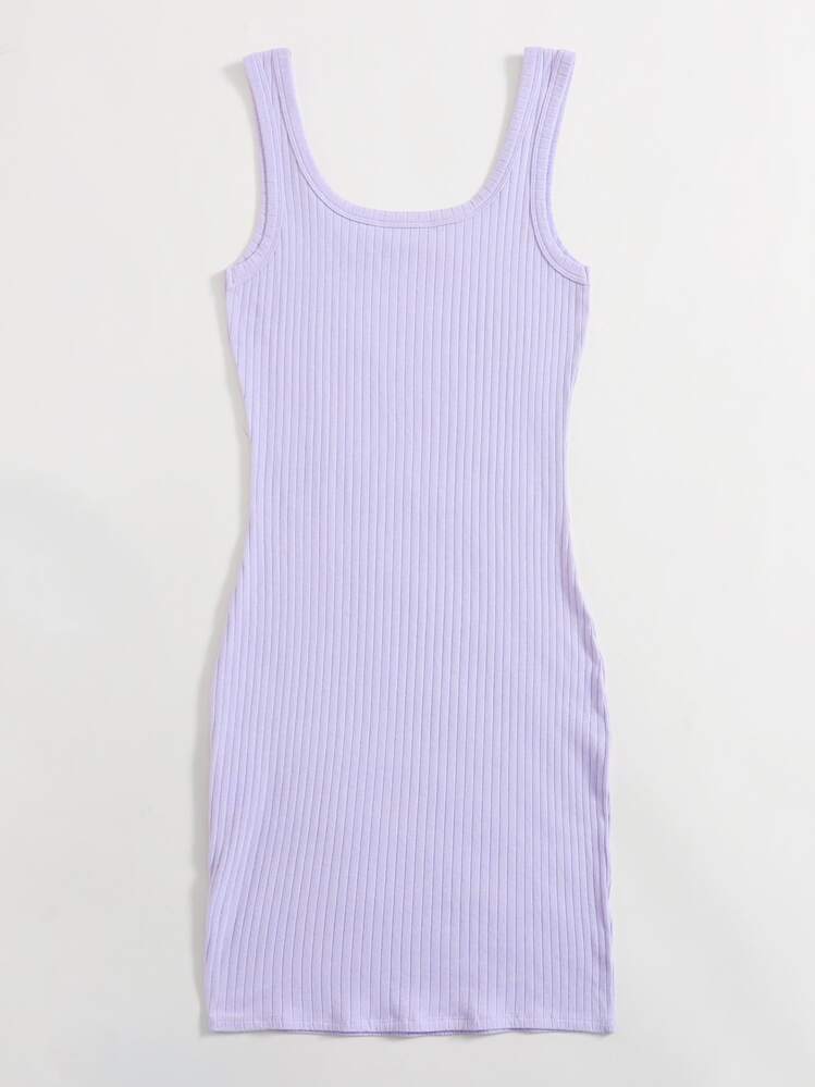 SHEIN EZwear Robe moulante unicolore en tricot côtelé - Lilas - Voir 2
