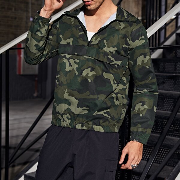

Men Zipper Half Placket Camo Jacket, Multicolor