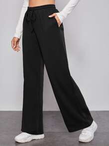 SHEIN Pantalones de pierna ancha de cintura con cordón - Negro - Ver 1