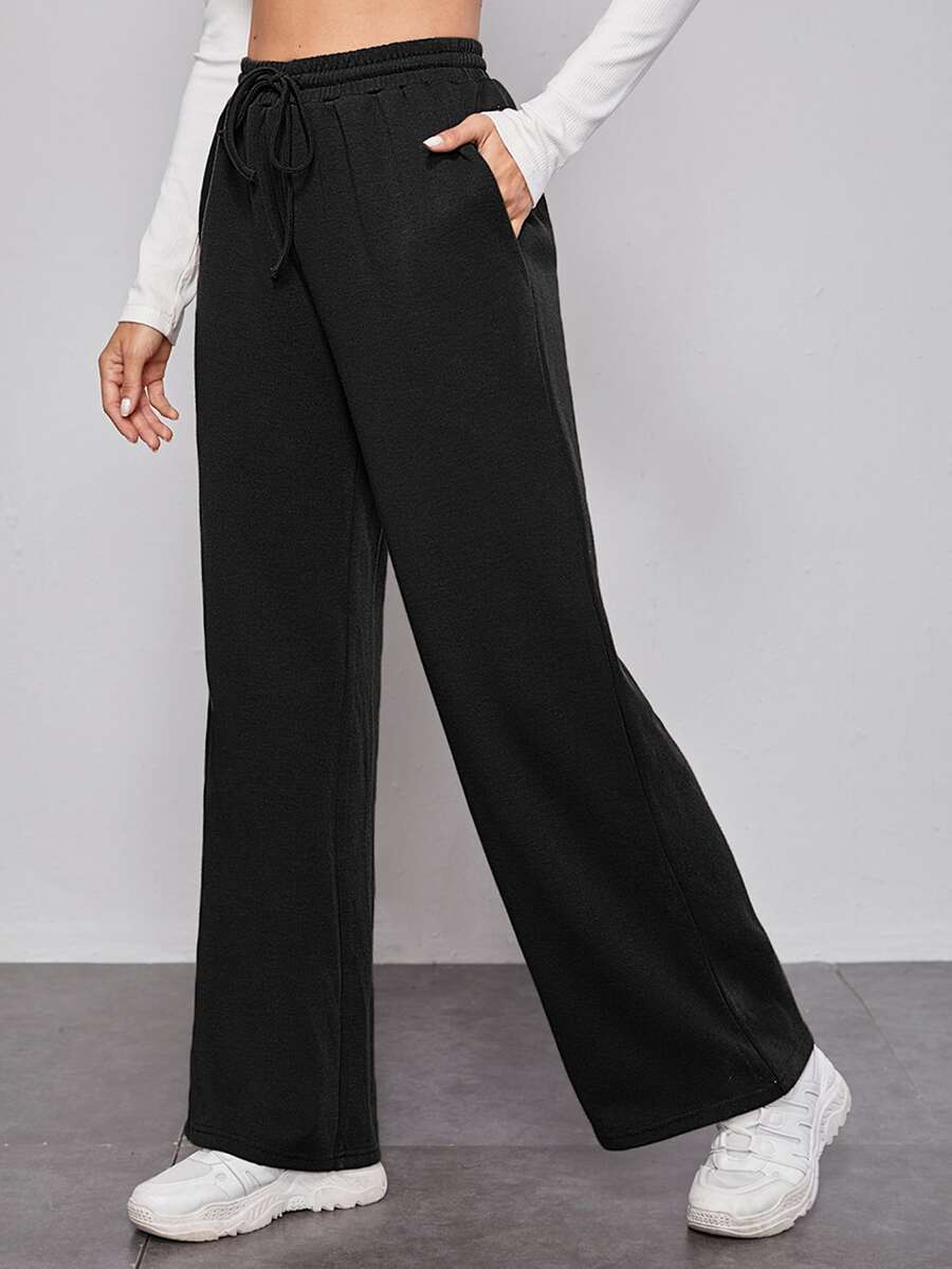 SHEIN Pantalones de pierna ancha de cintura con cordón - Negro - Ver 1