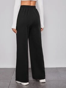 SHEIN Pantalones de pierna ancha de cintura con cordón - Negro - Ver 2
