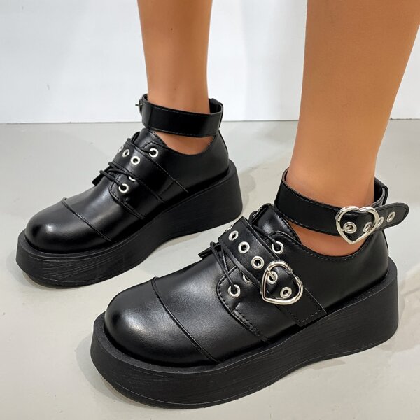 

Eyelet Buckle Decor Ankle Strap Flats, Black