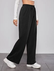 SHEIN Pantalones de pierna ancha de cintura con cordón - Negro - Ver 3