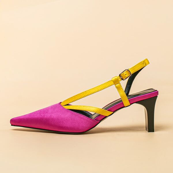 

Two Tone Satin Chunky Slingback Pumps, Hot pink