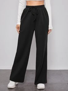 SHEIN Pantalones de pierna ancha de cintura con cordón - Negro - Ver 4