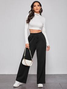 SHEIN Pantalones de pierna ancha de cintura con cordón - Negro - Ver 5