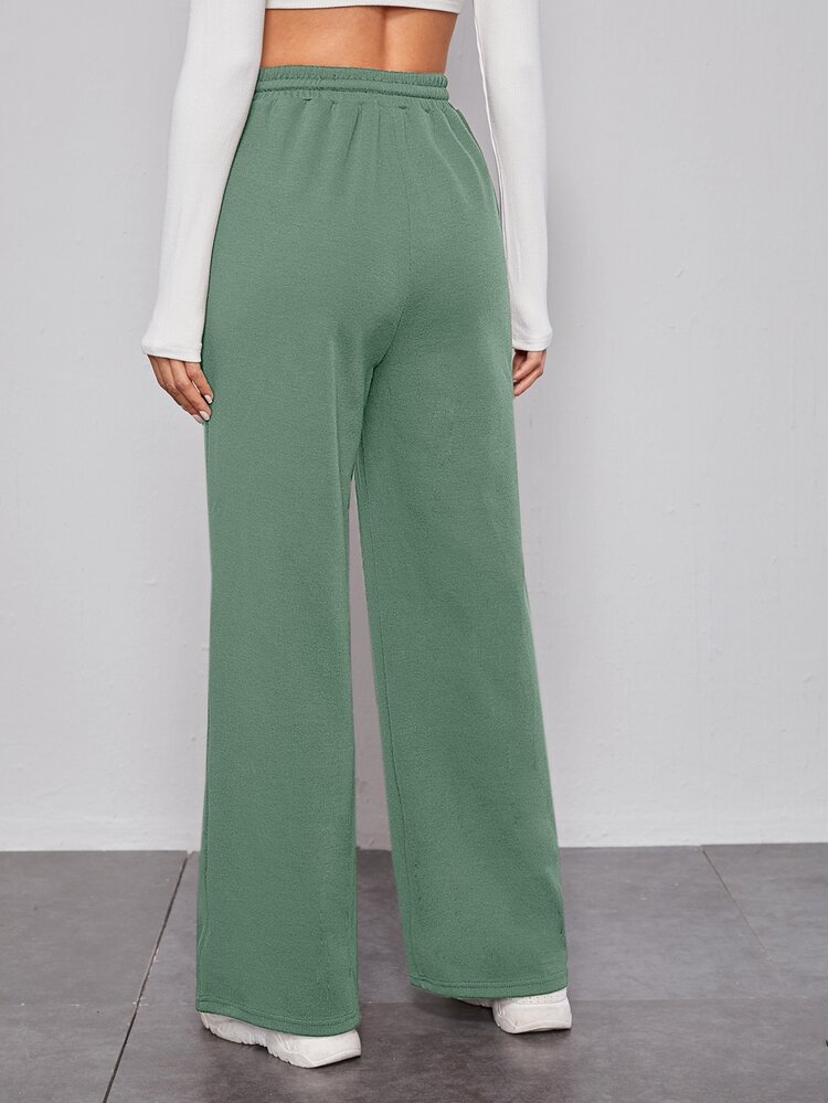 SHEIN Drawstring Waist Wide Leg Pants - Mint Green - View 2