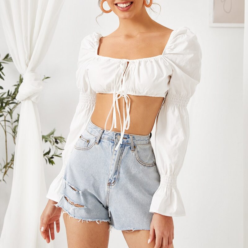 

Tie Front Bell Sleeve Crop Top, White