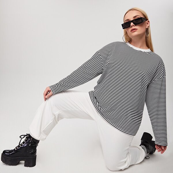 

Plus Drop Shoulder Stripe Tee, Black and white