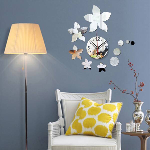 

1pc Flower Mirror Surface Wall Clock, Silver