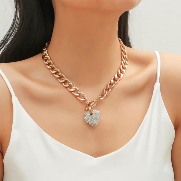

Rhinestone Heart Charm Chain Necklace, Gold