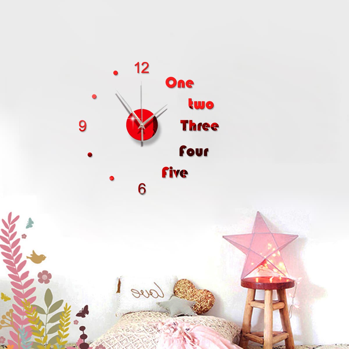 

1pc Letter Mirror Surface Wall Clock, Red