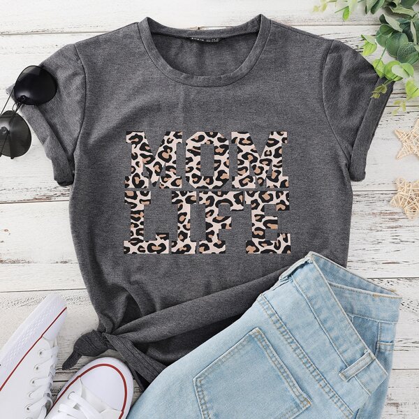 

Leopard & Letter Graphic Short Sleeve Tee, Dark grey