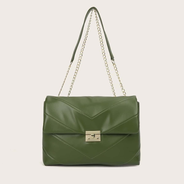 

Chevron Flap Chain Tote Bag, Green