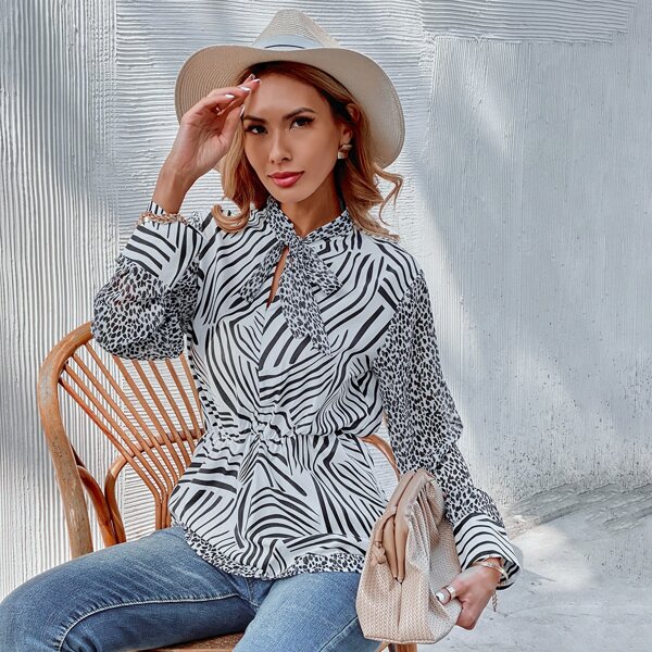 

Tie Neck Zebra Striped Chiffon Blouse, Black and white