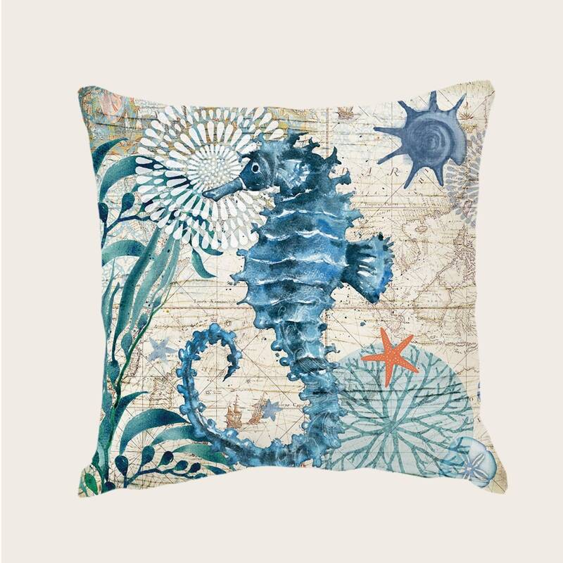 

Hippocampus Print Cushion Cover Without Filler, Multicolor
