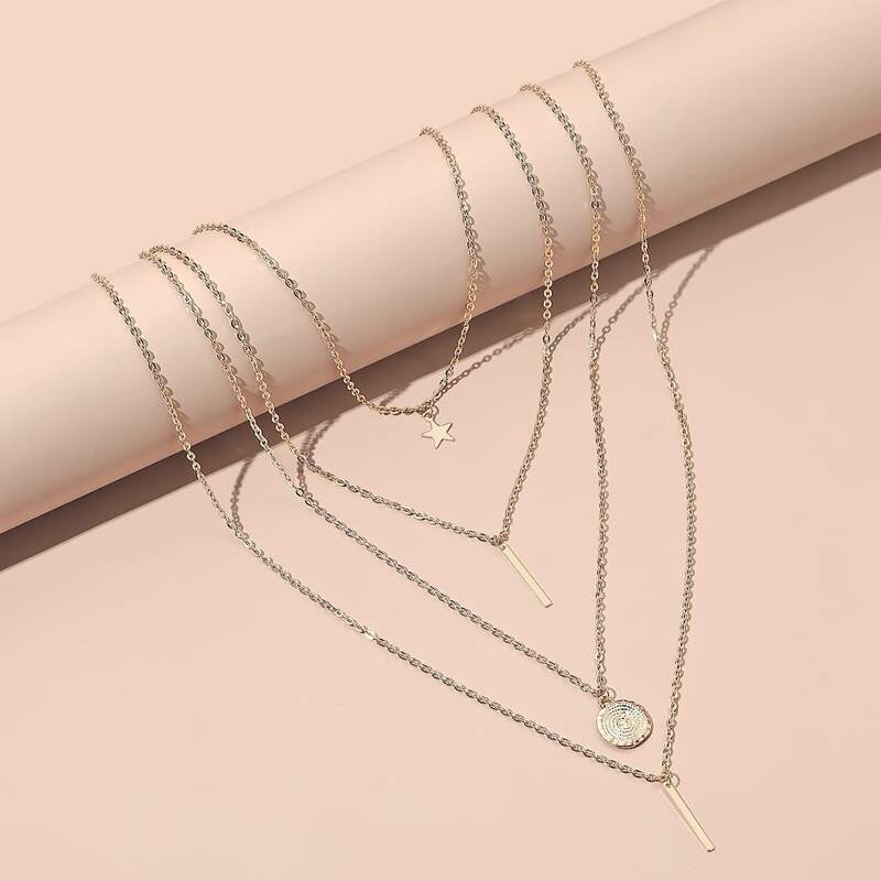 

Bar Pendant Layered Chain Necklace, Gold