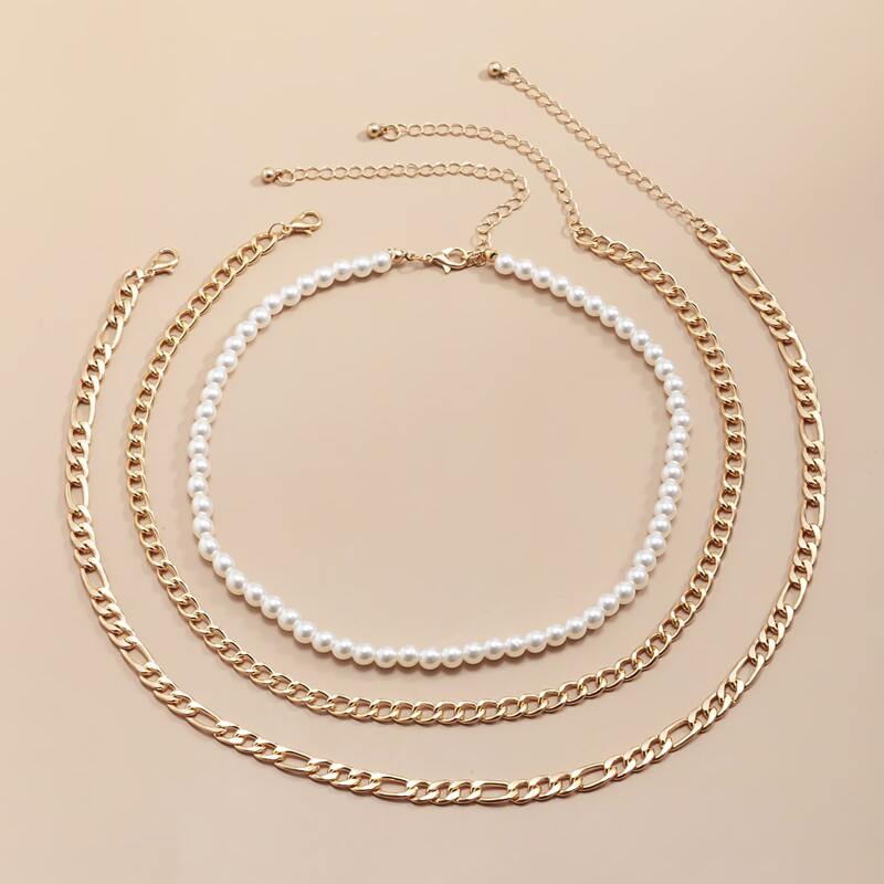 

3pcs Faux Pearl Chain Necklace, Gold