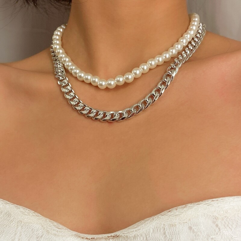 

2pcs Faux Pearl Chain Necklace, Silver