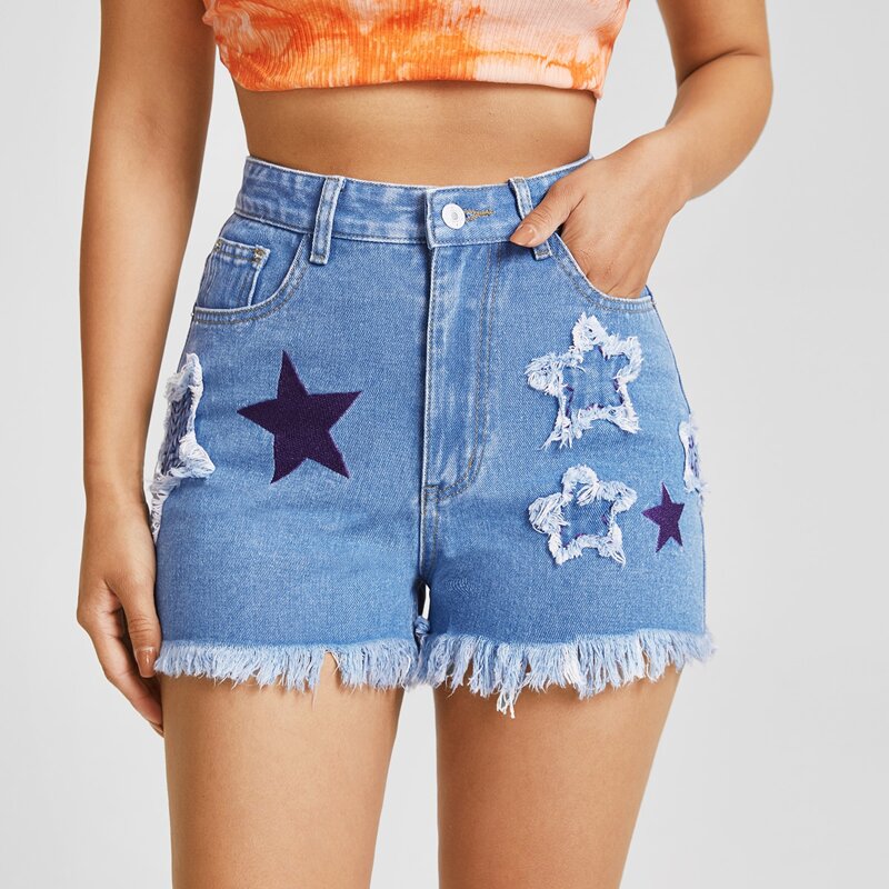 

Star Patched Raw Hem Denim Shorts, Medium wash