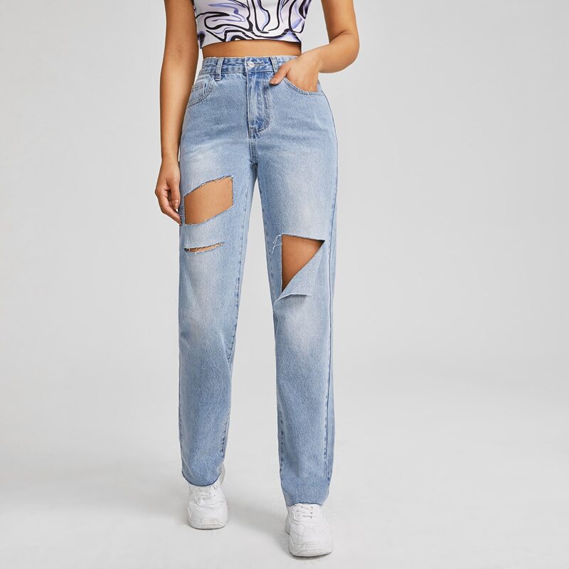 

High Waist Ripped Straight Leg Jeans, Light wash