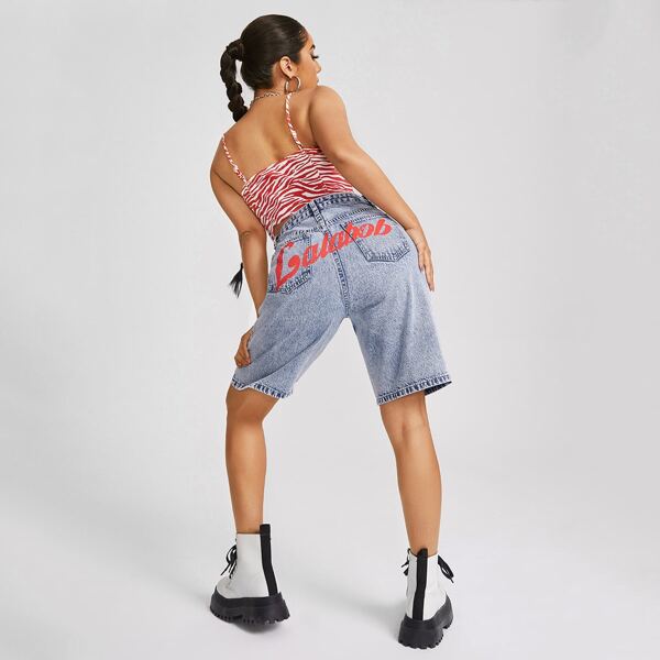 

High Waist Letter Graphic Bermuda Denim Shorts, Light wash