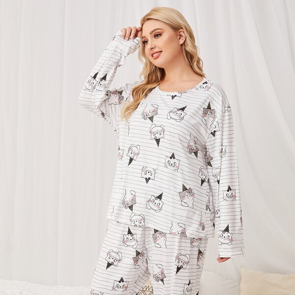 

Plus Striped & Cartoon Graphic PJ Set, White