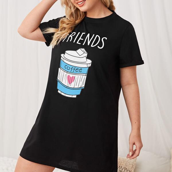 

Plus Letter & Cartoon Graphic Nightdress, Black