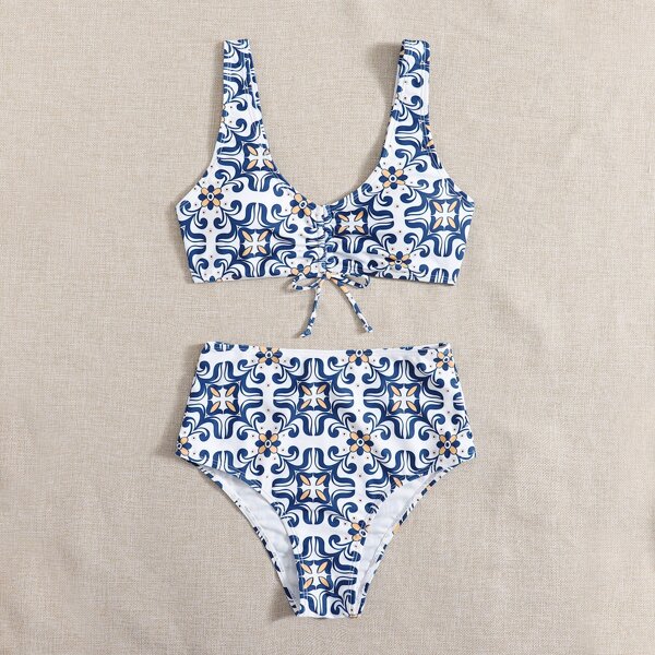 

Floral High Waisted Bikini Swimsuit, Blue and white
