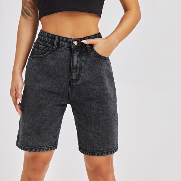 

High Waist Bermuda Denim Shorts, Dark grey