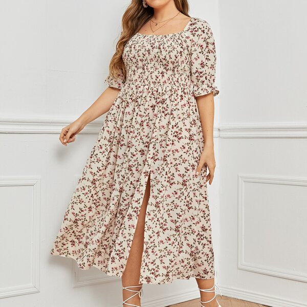 

Plus Square Neck Split Thigh Ditsy Floral Dress, Multicolor