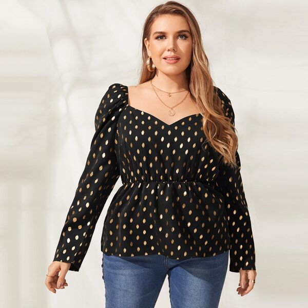 

Plus Sweetheart Neck Gold Dot Peplum Blouse, Black