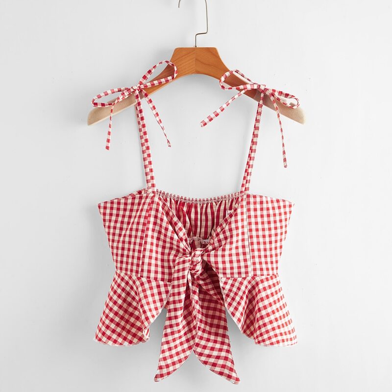 

Gingham Tie Front Ruffle Hem Crop Top, Multicolor