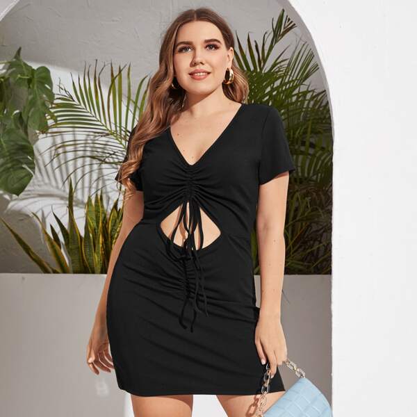 

Plus Solid Drawstring Front Peekaboo Dress, Black