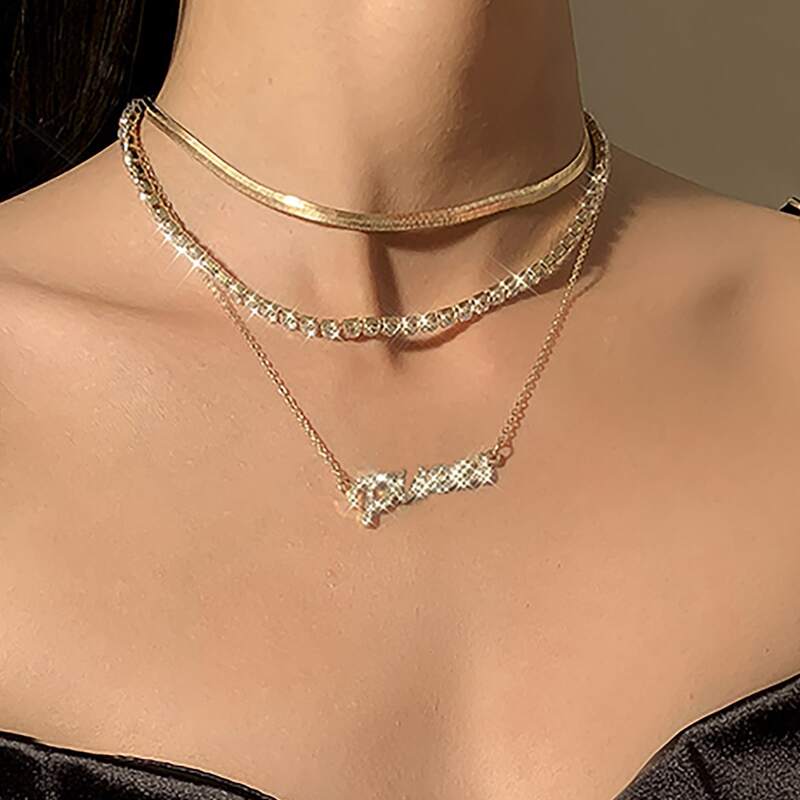 

3pcs Rhinestone Layered Chain Necklace, Gold