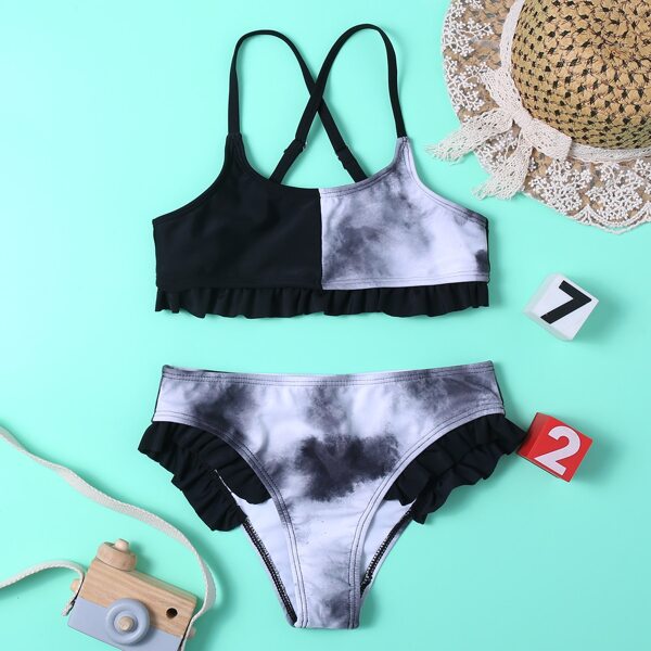 

Girls Tie Dye Ruffle Trim Bikini Swimsuit, Black and white