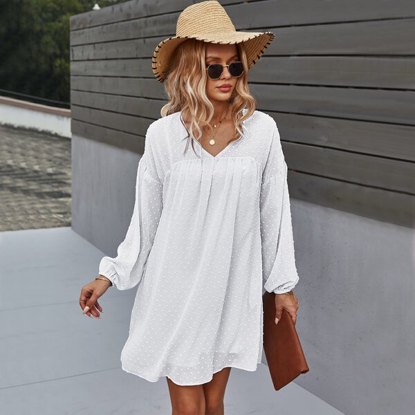 

Drop Shoulder Swiss Dot Smock Dress, White