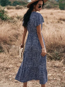 Breezaya 滿版圖案開衩下擺A型連衣裙 - 藏蓝色 - 查看 2