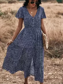 Breezaya 滿版圖案開衩下擺A型連衣裙 - 藏蓝色 - 查看 3