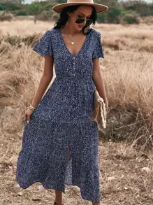 Breezaya 滿版圖案開衩下擺A型連衣裙 - 藏蓝色 - 查看 5