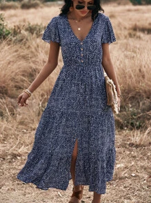 Breezaya 滿版圖案開衩下擺A型連衣裙 - 藏蓝色 - 查看 6