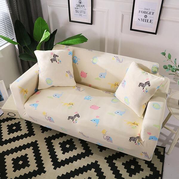 

Cartoon Animal Print Stretchy Sofa Cover & 1pc Cushion Cover, Beige
