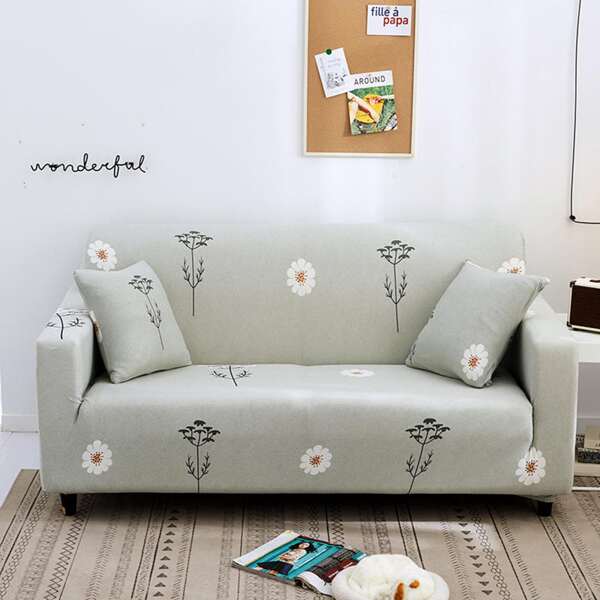 

Flower Print Stretchy Sofa Cover & 1pc Cushion Cover, Light grey