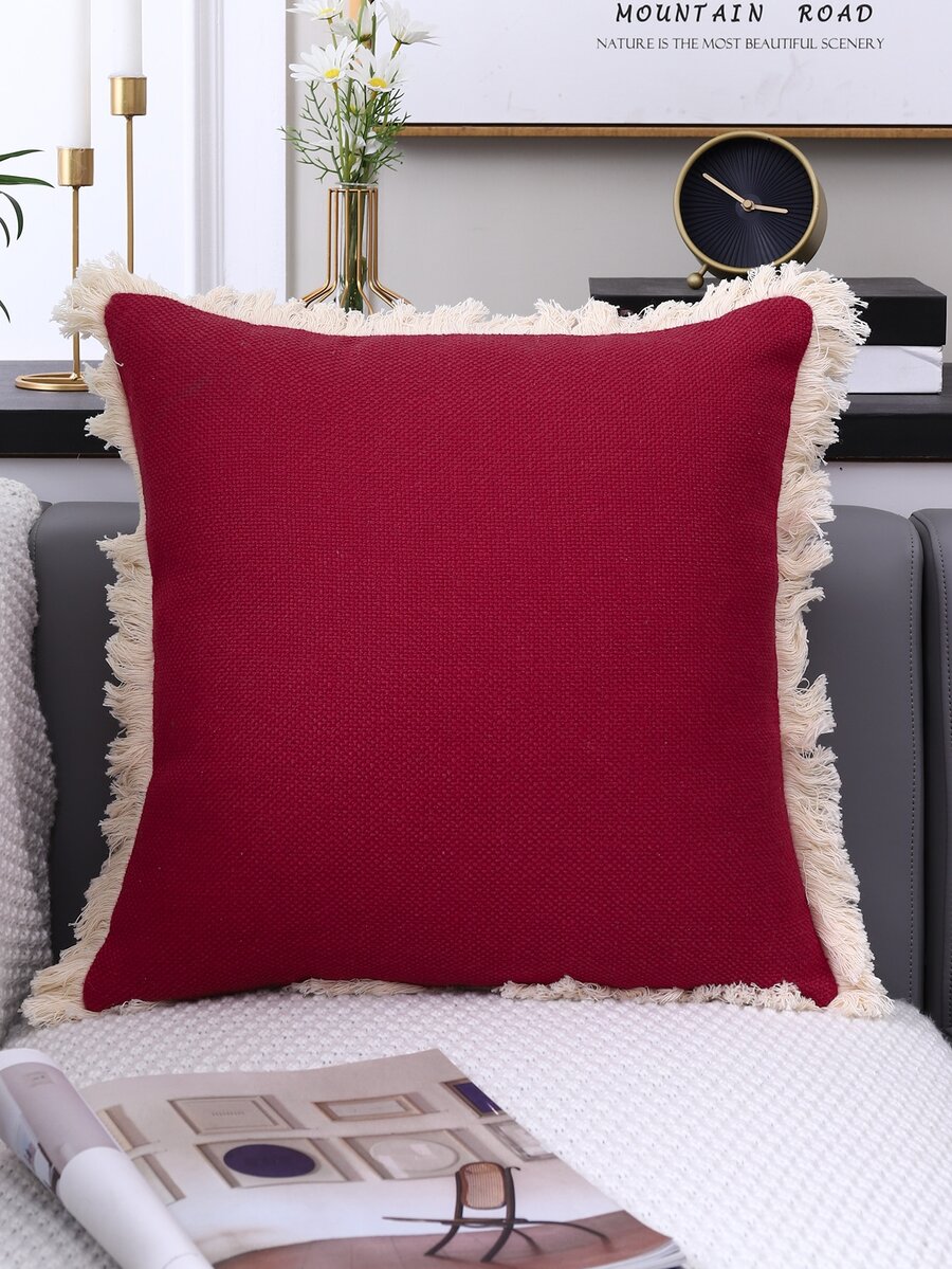 Fringe Trim Cushion Cover Without Filler - Red - View 1