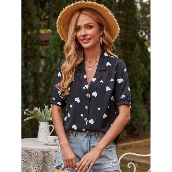 

Lapel Collar Heart Print Blouse, Black