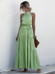 Breezaya Polka Dot Belted Halter Dress - Green - View 1