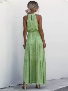 Breezaya Polka Dot Belted Halter Dress - Green - View 2