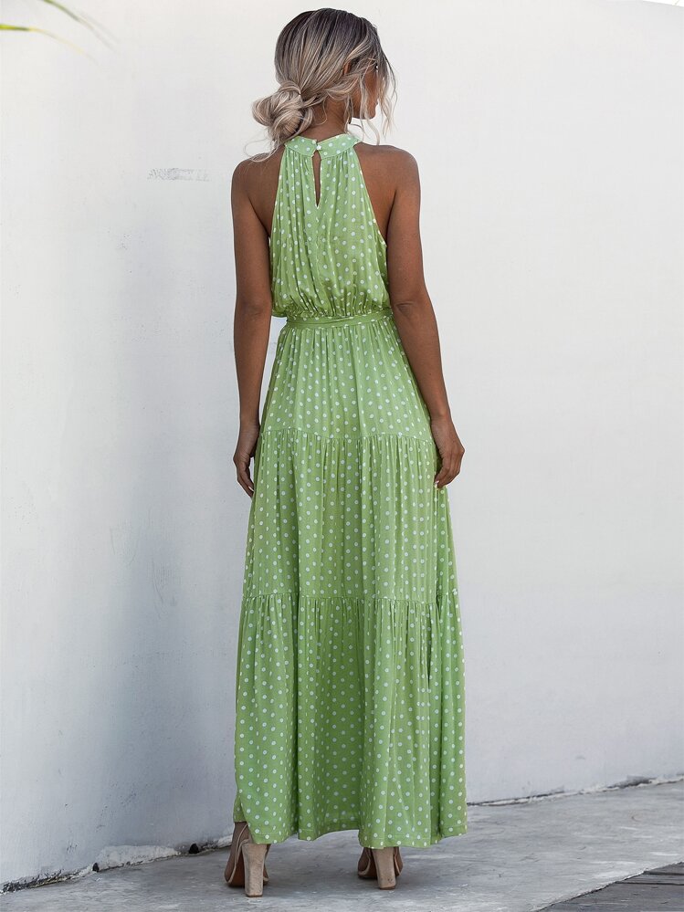 Breezaya Polka Dot Belted Halter Dress - Green - View 2