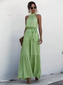 Breezaya Polka Dot Belted Halter Dress - Green - View 3